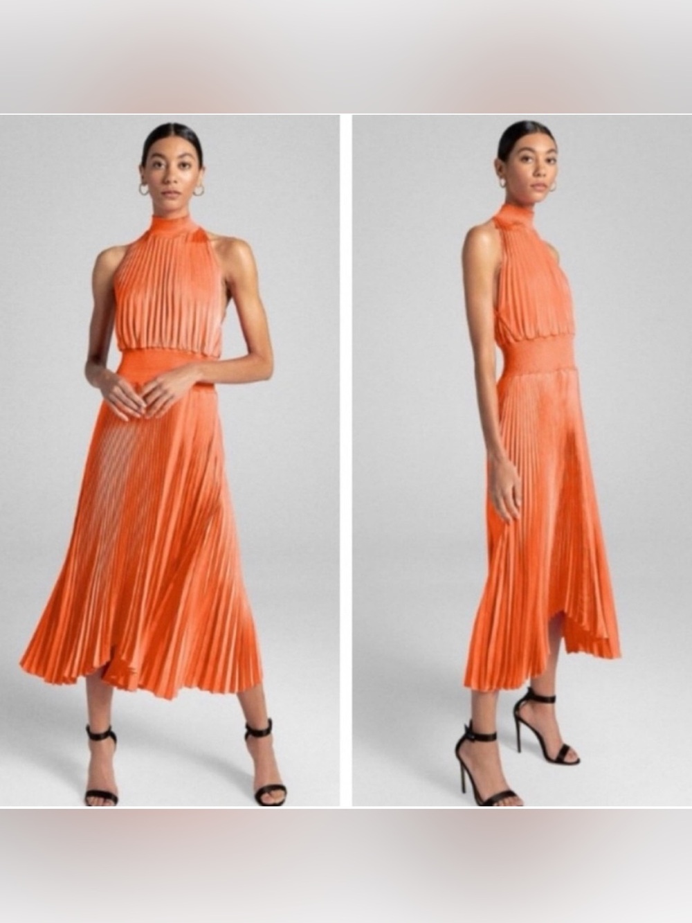 ALC Renzo Pleated Midi Dress in Vibrant Orange
